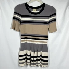 Torn by Ronny Kobo Womens S Knit Sweater Mini Dress Neutral Striped Crew Neck