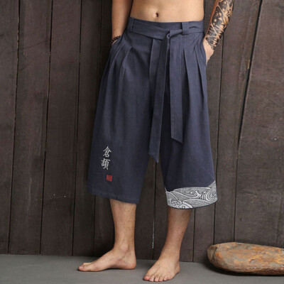 l*e様 DOUBLE CLOTH HAKAMA SHORTS Men Capri Hakama Pants Loose Yukata Trousers Japanese Traditional