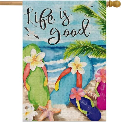 28x40 Inch Double Sided Summer Garden Flag - Flip Flops on Summer Beach Life ...