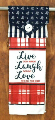 LIVE LAUGH LOVE BLUE, WHITE & RED HANDMADE HANGING KITCHEN HAND TOWEL FLORAL