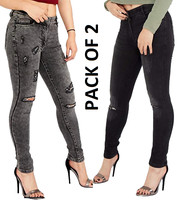 PACK OF 2 Womens Skinny Jeans Denim Slim Fit Pants UK Size 8-14 BLACK AND GREY