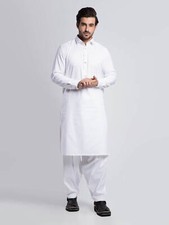 Mens White Textured Shirt Collar Plain Shalwar Kameez Handmade Eid Kurta Shalwar