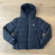 Superdry Hooded Spirit Sports Puffer Jacket Womens Uk 14 Black Quilted Short