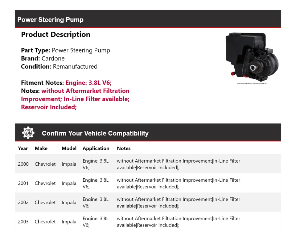 Bomba de dirección asistida Cardone 2001 2002 para Chevrolet Impala 2000-2003 3,8 L V6 Foto 2 de 4