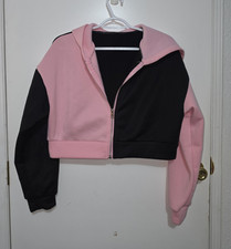 Women s Pink/Black Colorblock Cropped Hooded Full Zip Hoodie Long Sleeve Large