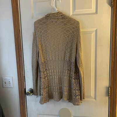 Beldini Women's Beige Solid Knit Open Front Crochet Cardigan Sweater L