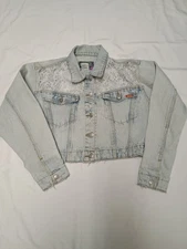 Junior's Jordache Collard Lace Accent Cropped Button Up Denim Jacket TgSz Med