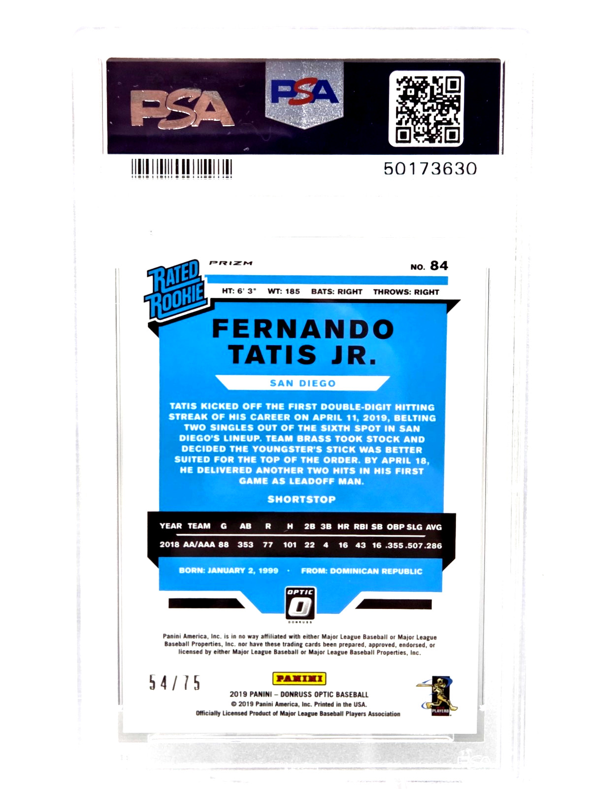 2019 Optic BLUE REFRACTOR FERNANDO TATIS JR RC Card /75 PSA 10 GEM MINT view 3