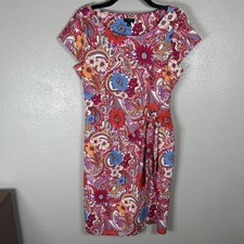 TALBOTS Paisley Floral Side Tie Dress Medium Petite MP Pink Stretch Short Sleeve