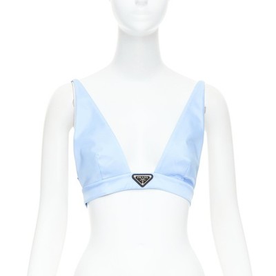 PRADA Re-Nylon light blue triangle logo plunge crop top bustier bralette IT38 XS