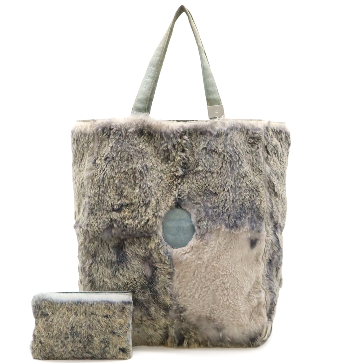 CHANEL Lapin Rabbit Fur Tote Bag Coco Mark Suede Gray Beige with