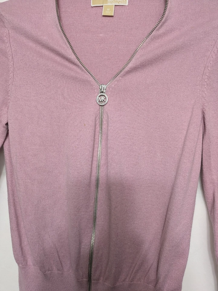 Cárdigan Suéter Michael Kors Rosa Cremallera Para Mujer’s M Logo MK Tirar Ligero Foto 3 de 4