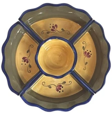 Home and Garden Party Pottery Stoneware 5 Sections Chip-Dip-Relish Tray & Bowl