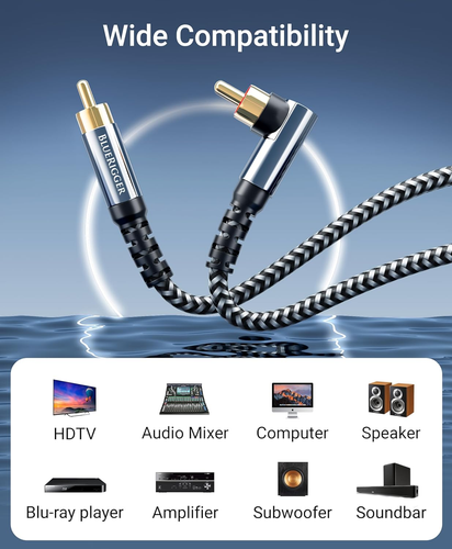 Subwoofer Cable 15M, Dual Shielded, Gold Plated 90° Male RCA to RCA Connectors - - Picture 4 of 7