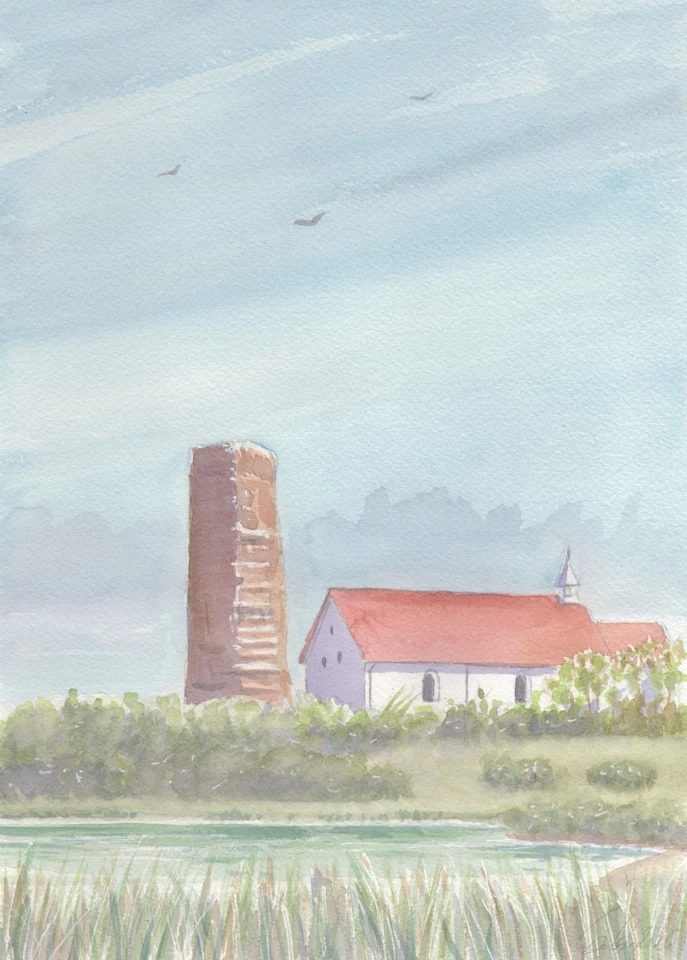 Original Aquarell -Nordfriesische Insel,Pellworm-  Alte Kirche St.Salvator - Bild 1 von 1