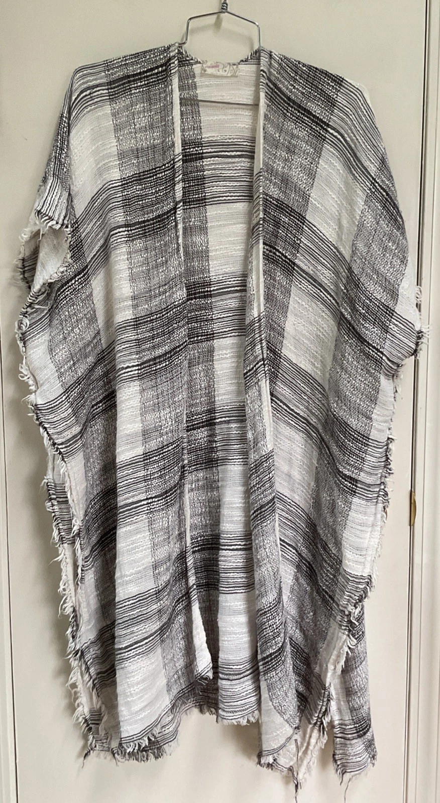 Free People White Brown Woven Plaid Midi Kimono Wrap Jacket Poncho Vest Boho OS