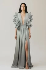 NEW TRUE DECADENSE Womens Sz 10 Gray Cap Ruffle Sleeve V-Neck Evening Maxi Gown