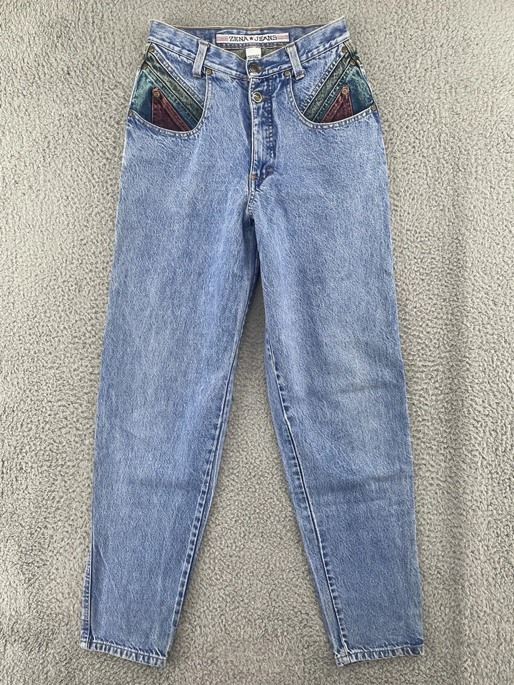 Jeans Zena Vintage Color Block Cintura Alta Feminino 7 Verde Rosa Jeans Cônico - Imagem 2 de 4