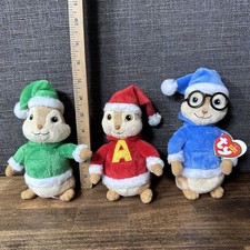 Lot of 3 TY Beanie Babies Alvin and the Chipmunks Simon Theodore Plush Xmas Set