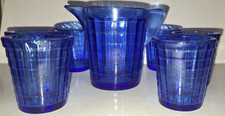 LOT OF 7 VTG CHILDS SET PLAYTIME AKRO AGATE DECO COBALT BLUE PITCHER  6 GLASSES
