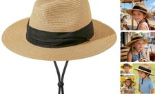 Kids Straw-Sun-Hat Boys Panama-Beach-Hat Girls Wide-Brim Sun 5-9 Years Khaki