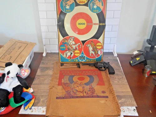 RARE Marx Lone Ranger Target Game 1939 Hi-YO Silver ORIGINAL BOX, PISTOL 3DARTS