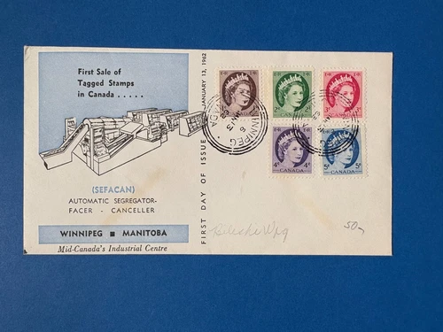 First Day Cover of First Sale of Tagged Stamps in Canada, January 13, 1962