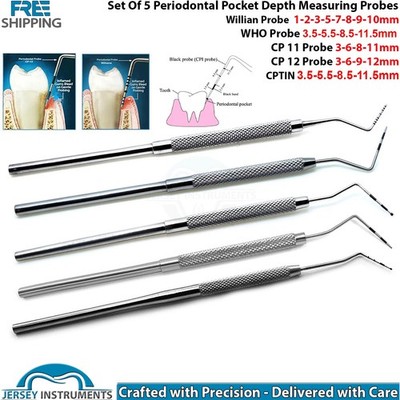Set of 5 Periodontal Probes Williams WHO CP11 CP12 CPTIN Dental Instruments New
