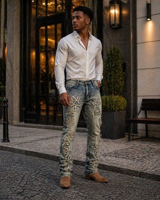 Guapi Mens Distress Scrunch Stacked Denim Jeans Embroider Lettering Size 32