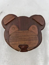 Carved Wooden Bear Puzzle Box Secret Compartment Red Felt Lined Trinket Jewelry