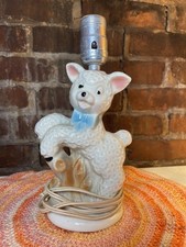 VTG Lamb Sheep Nursery Lamp Baby Room Child Decor Ceramic Blue Bow 1950's