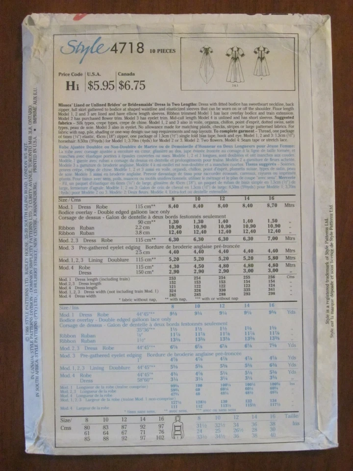 STYLE PATTERN - 4718 LADIES WEDDING DRESS SWEETHEART NECKLINE TRAIN SZ 10 UNCUT - Image 2 of 2