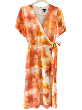 Ann Taylor Flutter Sleeve Tie Waist Watercolor Wrap Dress Size 8 Orange