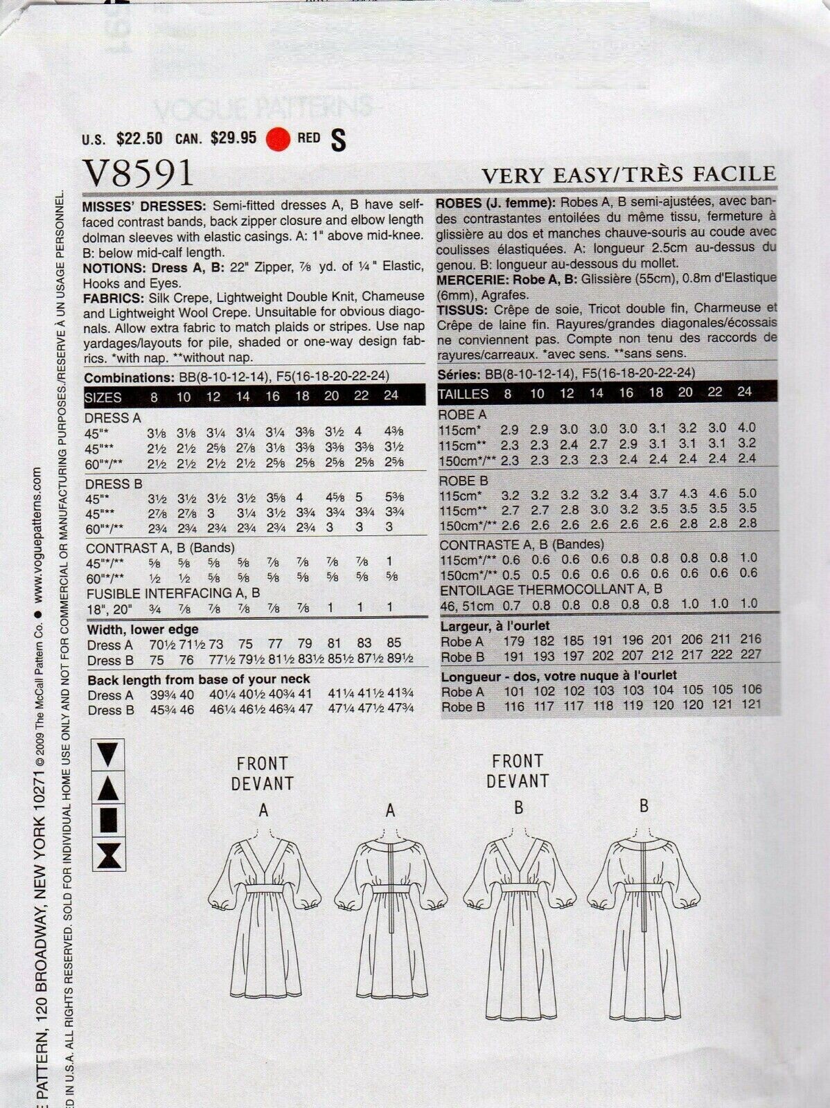 Easy Vogue 8591 Misses Dress V-neck, Dolman Sleeves Sewing Pattern ...