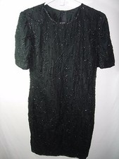 WOMENS BLACK SILK WEDDING BEADED SHIFT DRESS NEW YEARS EVE EVENING SIZE 5 34
