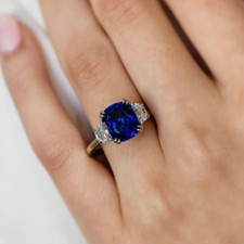 New Blue Cushion Cut Cubic Zirconia 3 Stone 925 Sterling Silver Engagement Ring