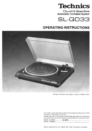 Technics SL-QD33 Turntable Owners Instruction Manual Reprint