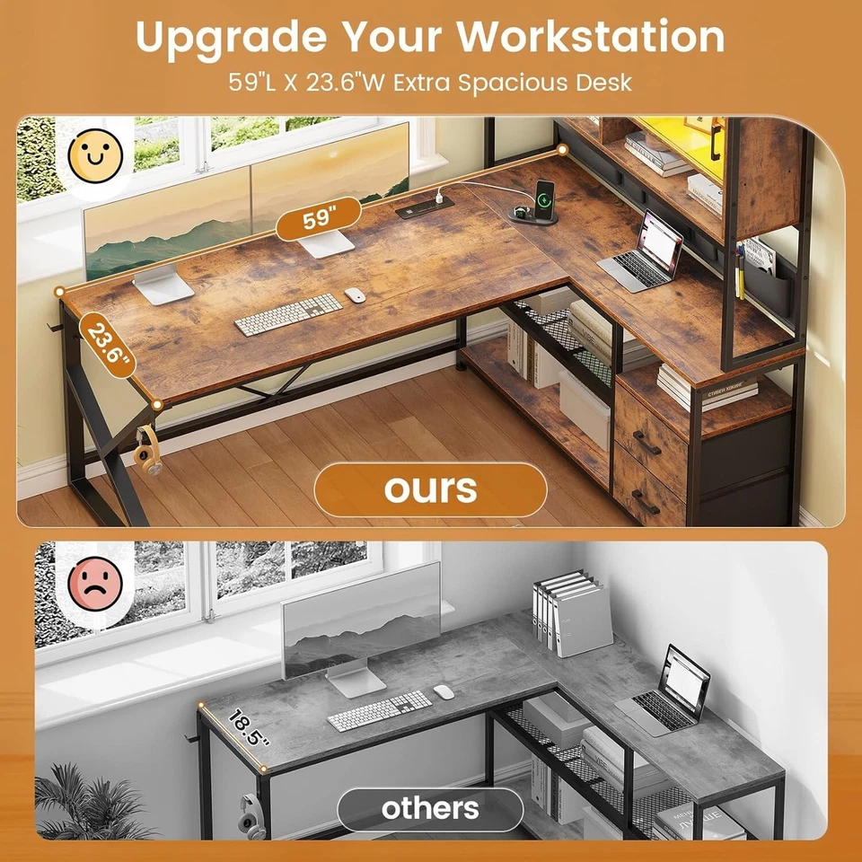 L Shaped Computer Desk with 2 Drawers, LED Lights &Bookshelf, Corner Office Desk - Image 4 of 4