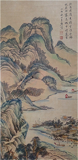 水墨山水31 Amazon｜掛け軸 モダン 尺三 山水画掛軸 水墨山水 湖畔黎明 熊谷