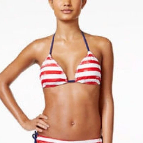 California Waves USA Reversible Printed Bikini Top Blue White Red S M Medium NWT - Image 3 of 4