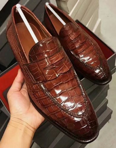 Handmade Men Brown Alligator textured leather penny loafer shoes, Slipons  shoes
