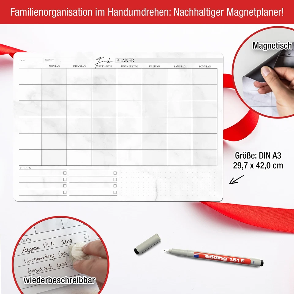 Familienplaner magnetisch abwischbar inkl. Stift Wochenplaner Magnettafel DIN A3 - Bild 2 von 4
