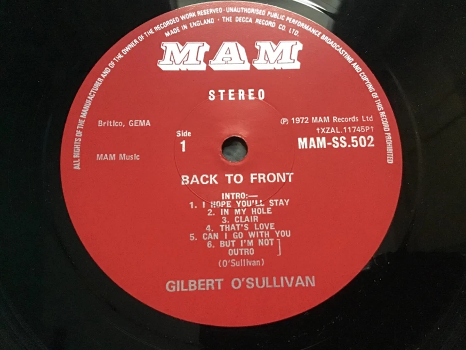 GILBERT O’SULLIVAN - BACK TO FRONT 1972 UK STEREO LP MAM SS 502 + TWO INSERTS EX - Image 3 of 4