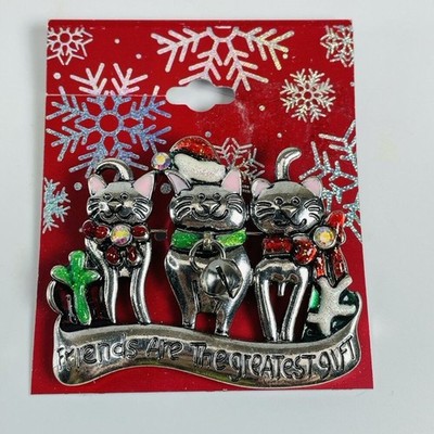Holiday Cat Brooch Pin 2.25'' Enamel Glitter Rhinestone Friends Are The Gretest