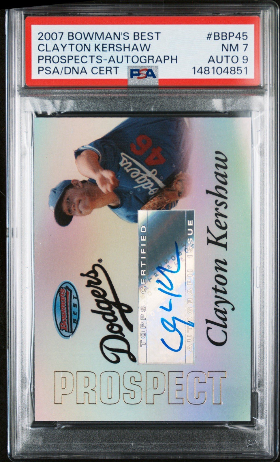 2007 Bowman’s Best Prospects Autographs BBP45 Clayton Kershaw PSA 7 Auto 9