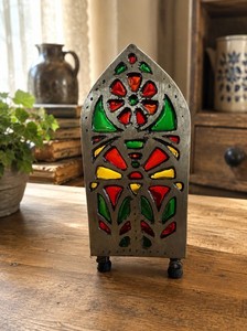Vintage 6” Cast Iron Stained Glass Tea light Candle Holder