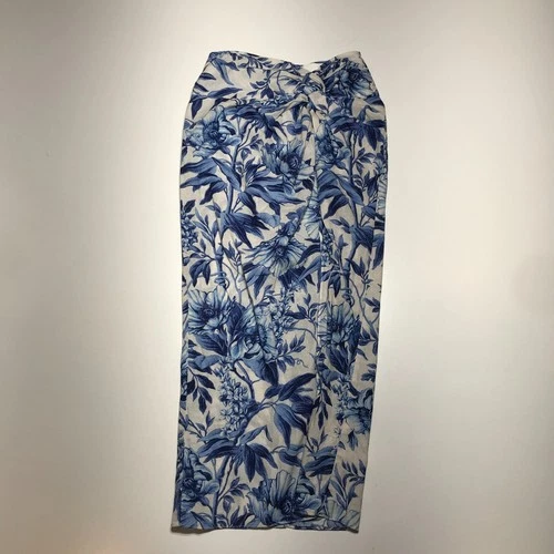 H&M Midi Skirt Size 2 Linen Blend Knot-Detail Blue Floral Print Slim Drape Slit