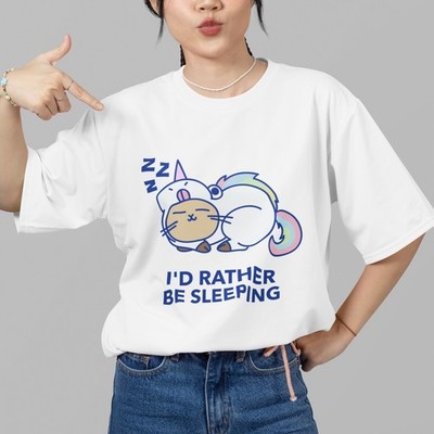 I'd Rather Be Sleeping T-Shirt Cute Cat Unicorn Graphic Tee Funny Lazy Gift Top