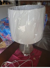 Table Lamp w/ White Drum Fabric Shade Included Silver Metallic Metal Base