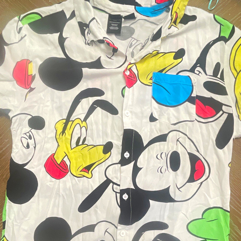 Disney Mickey Mouse Mens XL Woven Cotton Short Sleeve Button-Up Shirt White